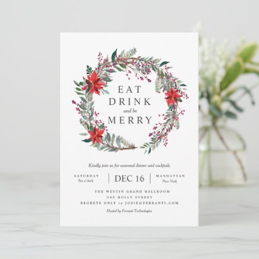 Holiday Poinsettia WreatParty Invitation Kaart (Staand voorkant)