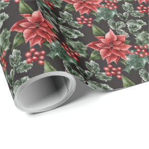 Holiday Poinsettias Holly Berries en Leaves Cadeaupapier