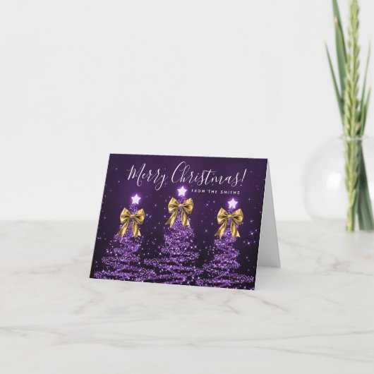 Holiday Purple Christmas Trees Greeting Gold  Feestdagen Kaart (Voorkant)