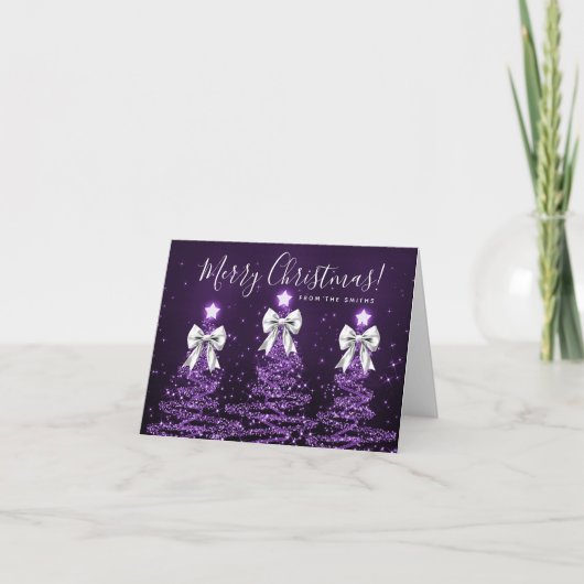 Holiday Purple Christmas Trees Greeting Silver  Feestdagen Kaart (Voorkant)