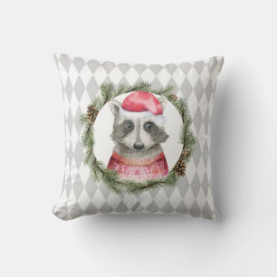 Holiday Raccoon en pastel Gray Harlequin Pattern Kussen