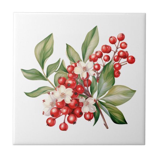 Holiday Red Berries Floral Ceramic Tile Tegeltje (Voorkant)