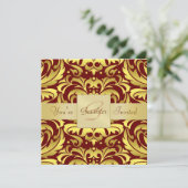 Holiday Red Damask Gold Foil Monogram Uitnodiging (Staand voorkant)
