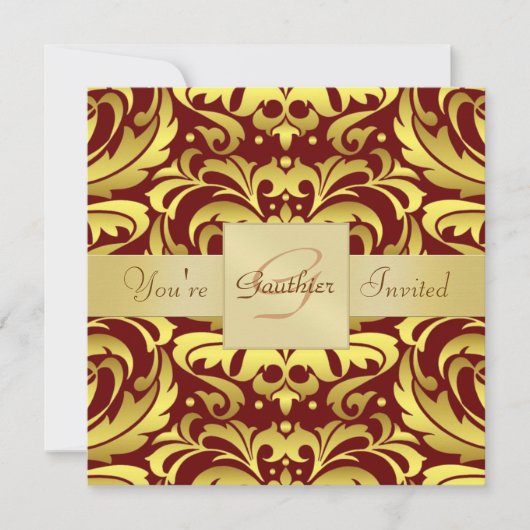 Holiday Red Damask Gold Foil Monogram Uitnodiging (Voorkant)