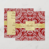 Holiday Red Damask Gold Ribbon Monogram Uitnodigin Kaart (Voorkant / Achterkant)