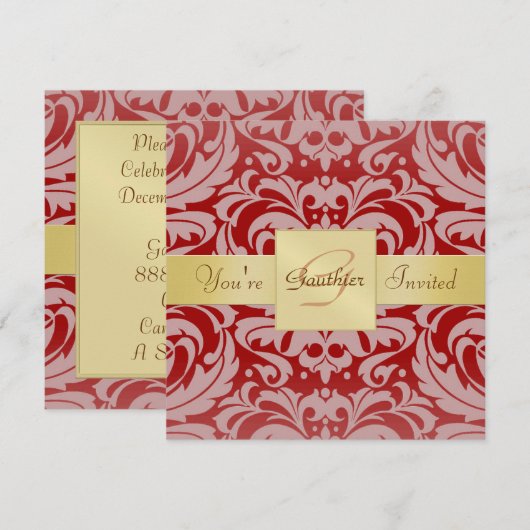 Holiday Red Damask Gold Ribbon Monogram Uitnodigin Kaart (Voorkant / Achterkant)