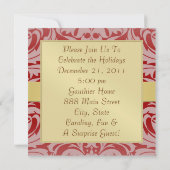 Holiday Red Damask Gold Ribbon Monogram Uitnodigin Kaart (Achterkant)