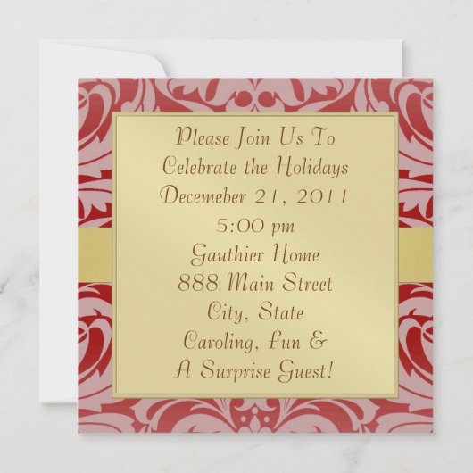 Holiday Red Damask Gold Ribbon Monogram Uitnodigin Kaart (Achterkant)