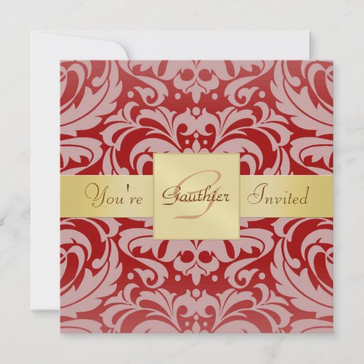 Holiday Red Damask Gold Ribbon Monogram Uitnodigin Kaart (Voorkant)