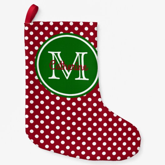 Holiday Red en Green Polka Dot Monogram Kleine Kerstsok (Voorkant)