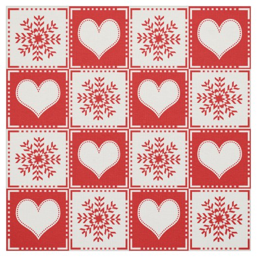 Holiday Red en White Snowflake Hearts Gingham Stof (Swatch)
