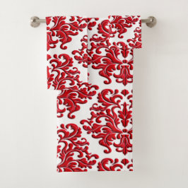 Holiday Red Floral Damask op White Towel Set Bad Handdoek