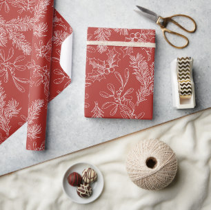 Holiday Red Floral Pattern Holly Mistletoe Fir Cadeaupapier