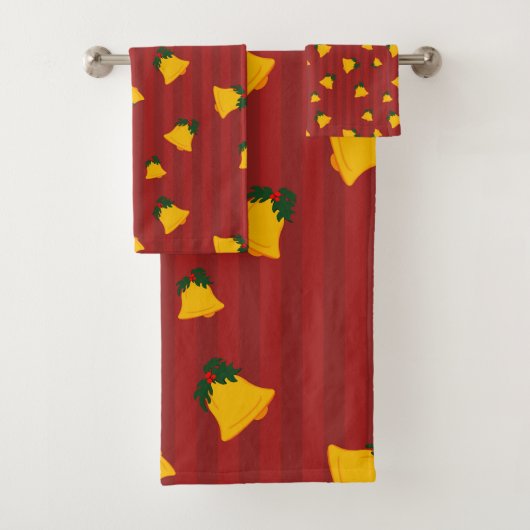 Holiday Red Gold Stripe Bells Christmas Bad Handdoek (Insitu)