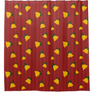 Holiday Red Gold Stripe Bells Christmas Douchegordijn