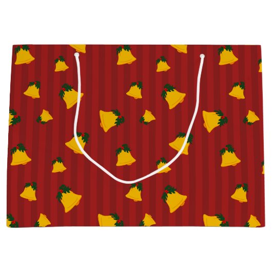 Holiday Red Gold Stripe Bells Christmas Groot Cadeauzakje (Voorkant)