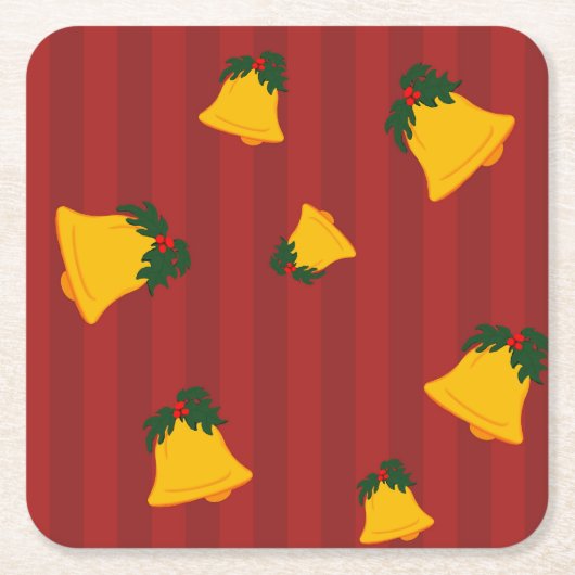 Holiday Red Gold Stripe Bells Christmas Kartonnen Onderzetters (Voorkant)