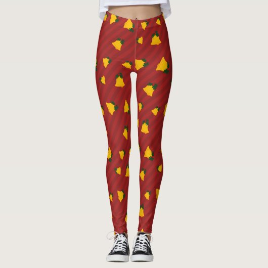 Holiday Red Gold Stripe Bells Christmas Leggings (Voorkant)