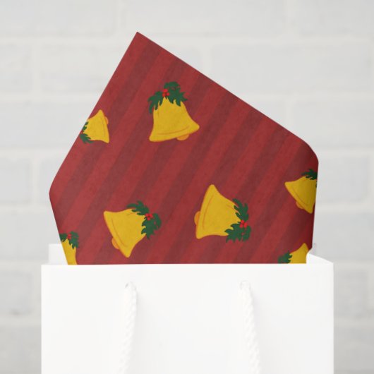 Holiday Red Gold Stripe Bells Christmas Tissuepapier (Cadeauzakje)