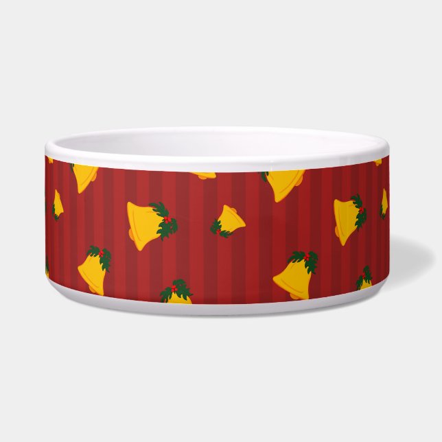 Holiday Red Gold Stripe Bells Christmas Voerbakje (Voorkant)