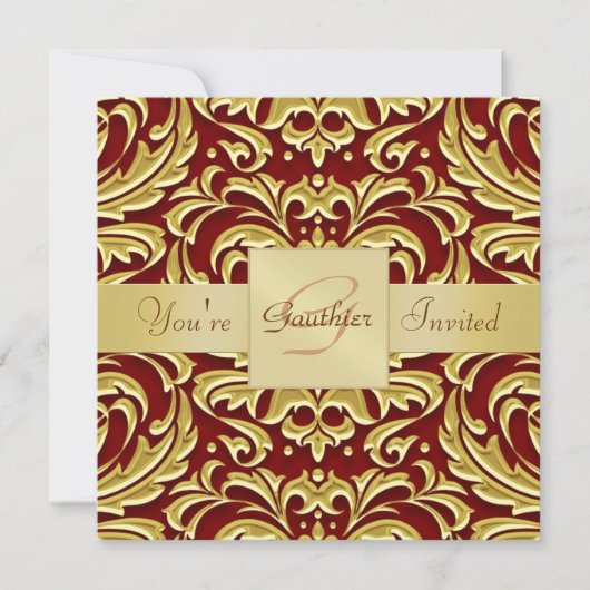 Holiday Red Metal Damask Foil Monogram Uitnodiging (Voorkant)