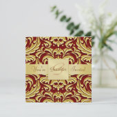 Holiday Red Metal Damask Foil Monogram Uitnodiging (Staand voorkant)