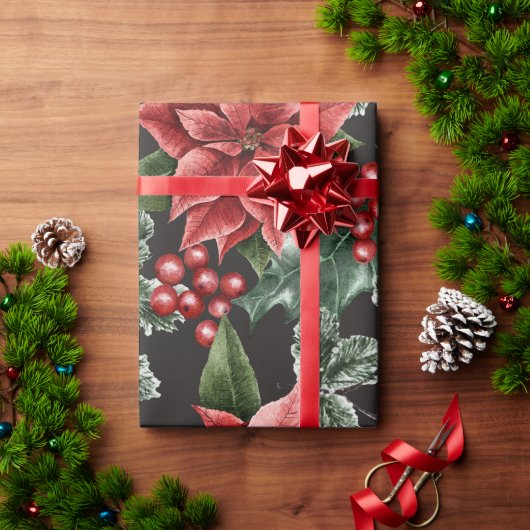 Holiday Red Poinsettias Pine Greenery Xmas Cadeaupapier (Feestdagen Geschenken)