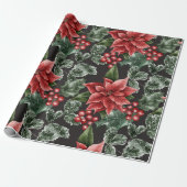 Holiday Red Poinsettias Pine Greenery Xmas Cadeaupapier (Uitgerold)
