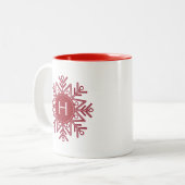 Holiday Red Snowflake Monogram Tweekleurige Koffiemok (Voorkant links)