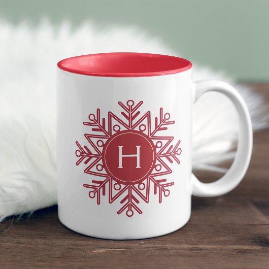 Holiday Red Snowflake Monogram Tweekleurige Koffiemok