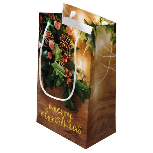 Holiday Rustic Mistletoe, String Lights, Hout Klein Cadeauzakje (Achterkant Gekanteld)