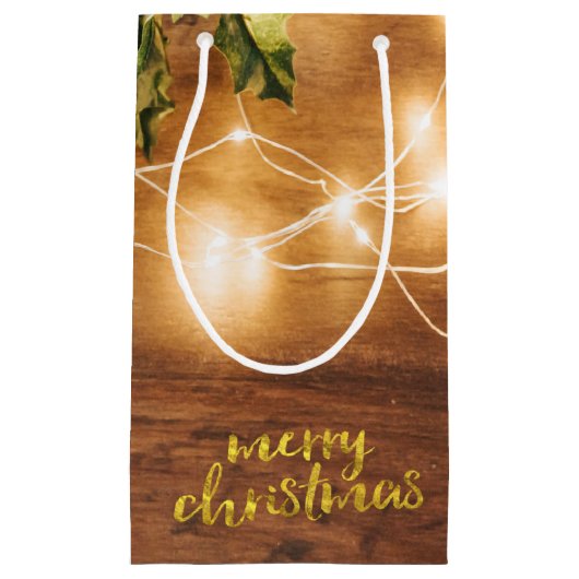 Holiday Rustic Mistletoe, String Lights, Hout Klein Cadeauzakje (Voorkant)
