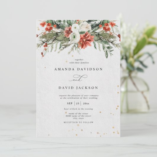 Holiday Rustic Pine Greenery & Red Berries Wedding Kaart (Staand voorkant)