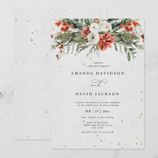 Holiday Rustic Pine Greenery & Red Berries Wedding Kaart (Voorkant / Achterkant)