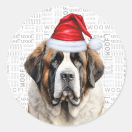 Holiday Saint Bernard Dog and Woof Art Christmas Ronde Sticker