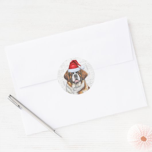 Holiday Saint Bernard Dog en Wof Art met Kerstmis Ronde Sticker (Envelop)