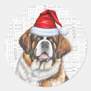 Holiday Saint Bernard Dog en Wof Art met Kerstmis Ronde Sticker
