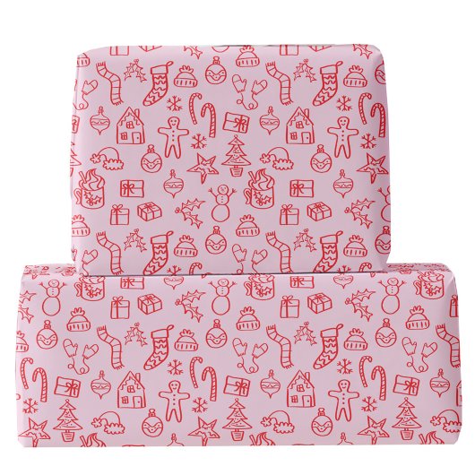 Holiday Scribble Doodle Rood en Roze Cadeaupapier