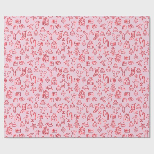 Holiday Scribble Doodle Rood en Roze Cadeaupapier (Vlak)
