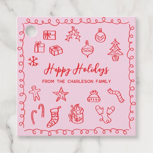 Holiday Scribble Doodle Rood en Roze Gift Label (Voorkant)