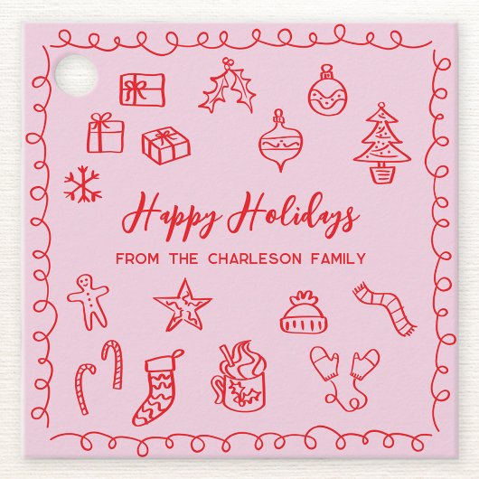 Holiday Scribble Doodle Rood en Roze Gift Label