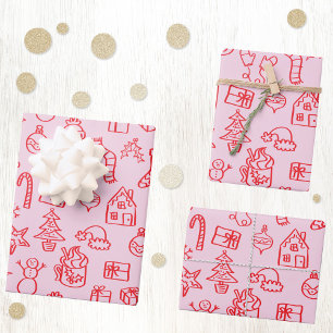 Holiday Scribble Doodle Rood en Roze Inpakpapier Vel