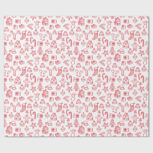 Holiday Scribble Doodle Rood en Wit Cadeaupapier (Vlak)