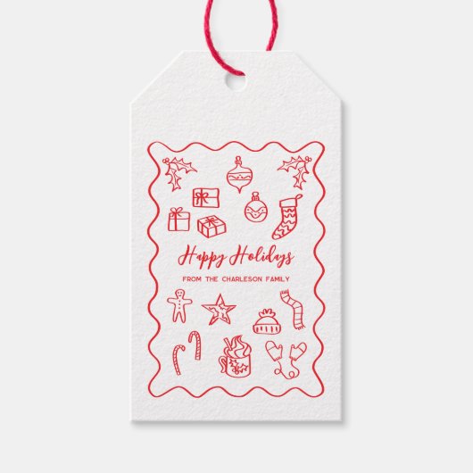 Holiday Scribble Illustratie Doodle Rood en Wit Cadeaulabel (Voorkant)