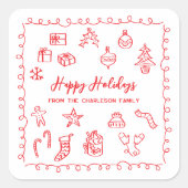 Holiday Scribble Illustratie Doodle Rood en Wit Vierkante Sticker (Voorkant)