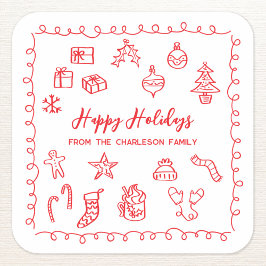Holiday Scribble Illustratie Doodle Rood en Wit Vierkante Sticker