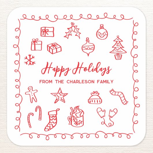 Holiday Scribble Illustratie Doodle Rood en Wit Vierkante Sticker