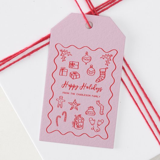 Holiday Scribble Illustratie Doodle Roze en Rood Cadeaulabel