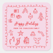 Holiday Scribble Illustratie Doodle Roze en Rood Vierkante Sticker (Voorkant)
