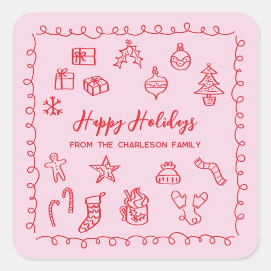 Holiday Scribble Illustratie Doodle Roze en Rood Vierkante Sticker (Voorkant)